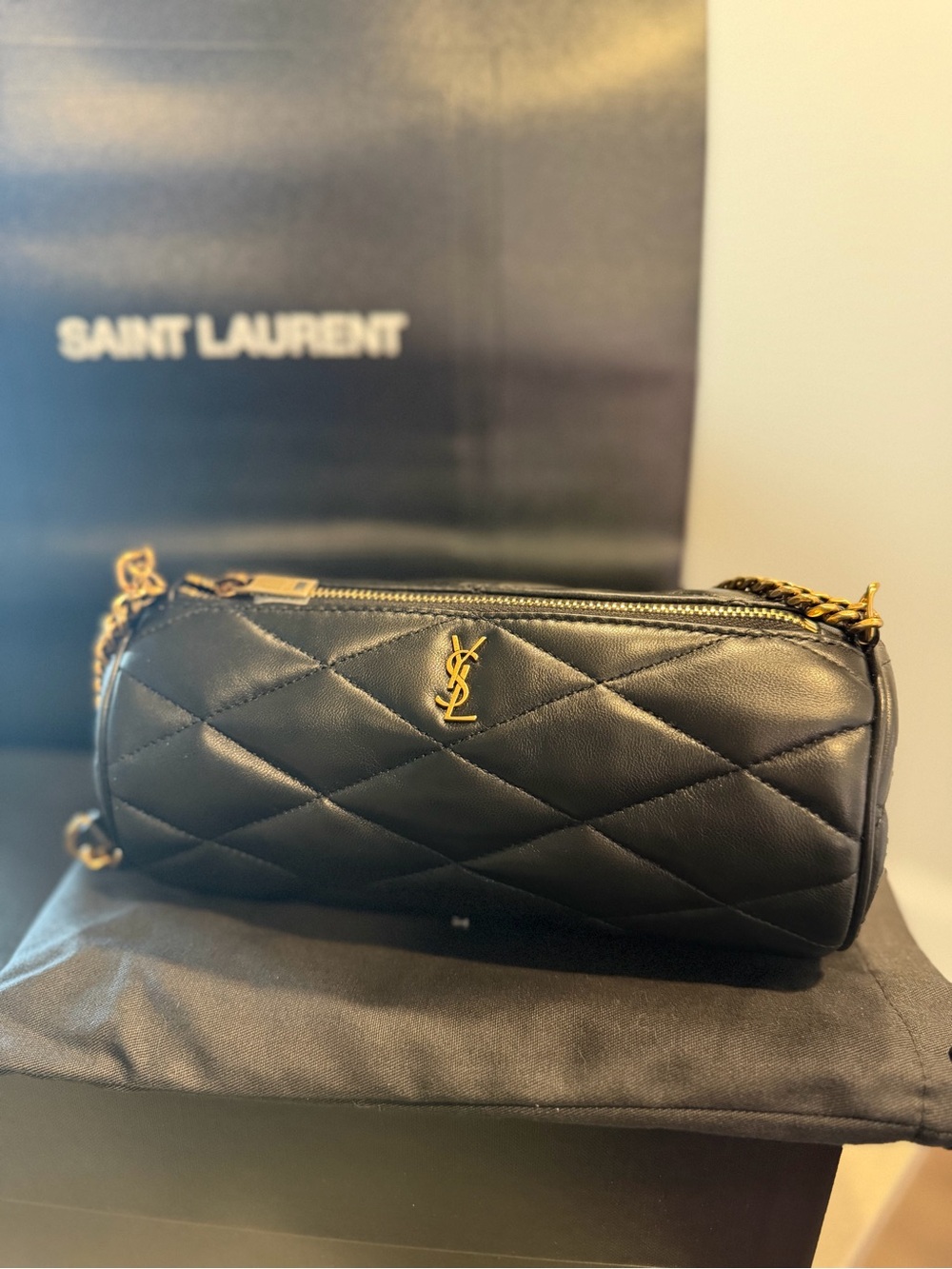 Saint Laurent Black Quilted Leather Sade Tube Bag with Gold YSL Hardware